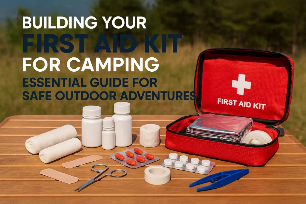 A first aid kit with supplies on a wooden table outdoors, with text about building a camping kit.