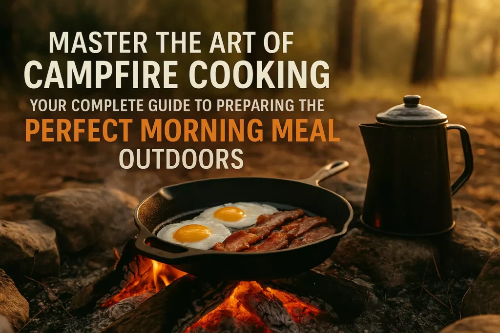 A skillet with eggs and bacon cooks over a campfire next to a coffee pot in a forest setting.