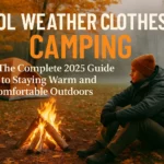 A person in warm clothes sits by a campfire near a tent in autumn woods; camping guide text overlaid.