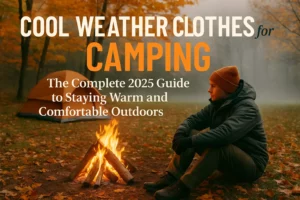 A person in warm clothes sits by a campfire near a tent in autumn woods; camping guide text overlaid.
