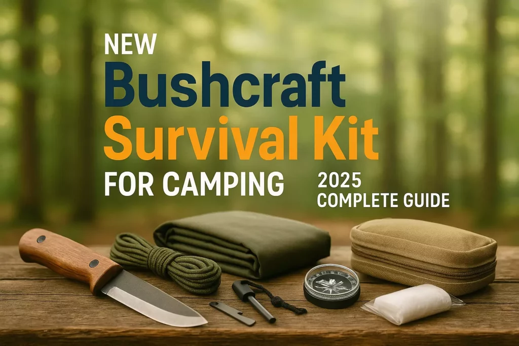 Bushcraft survival kit with knife, rope, compass, and pouches on a wooden table in a forest setting.