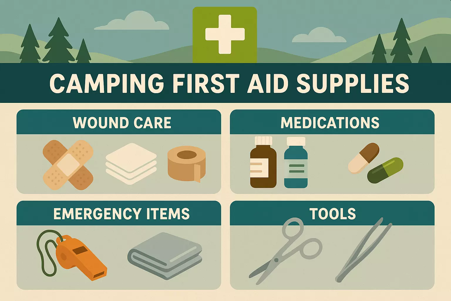 Camping first aid supplies: wound care, medications, emergency items, and tools illustrated with icons.