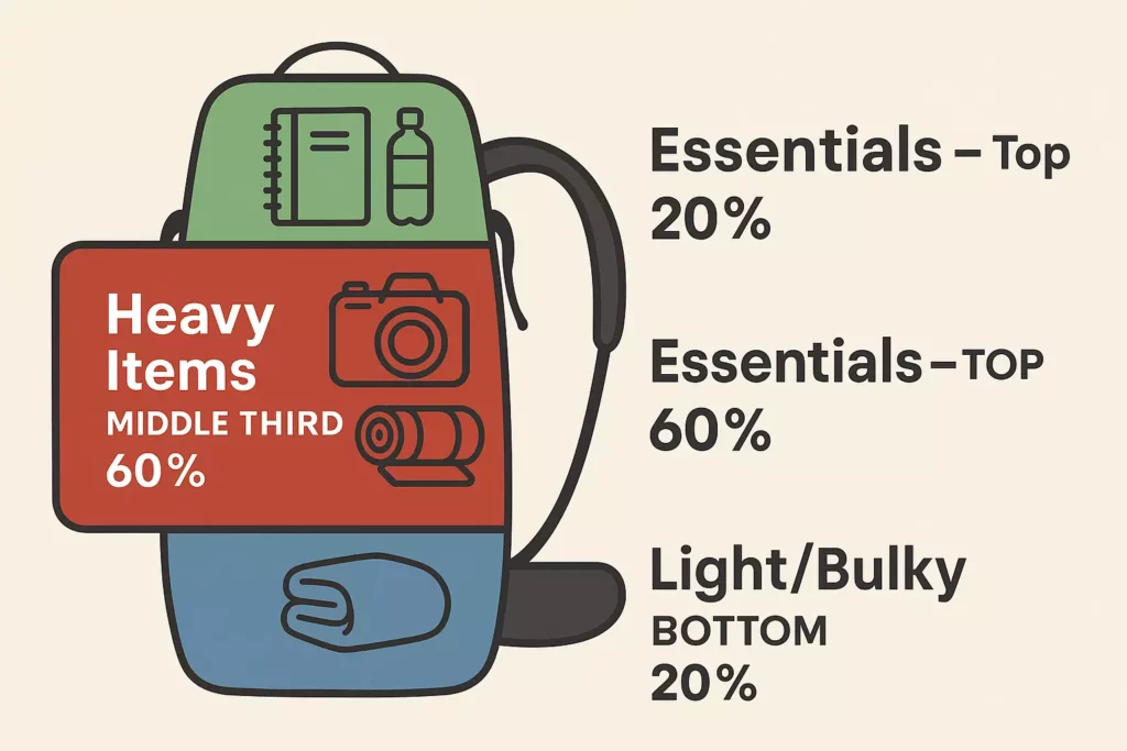 Diagram of a backpack showing where to pack heavy, essential, light, and bulky items with corresponding percentages.