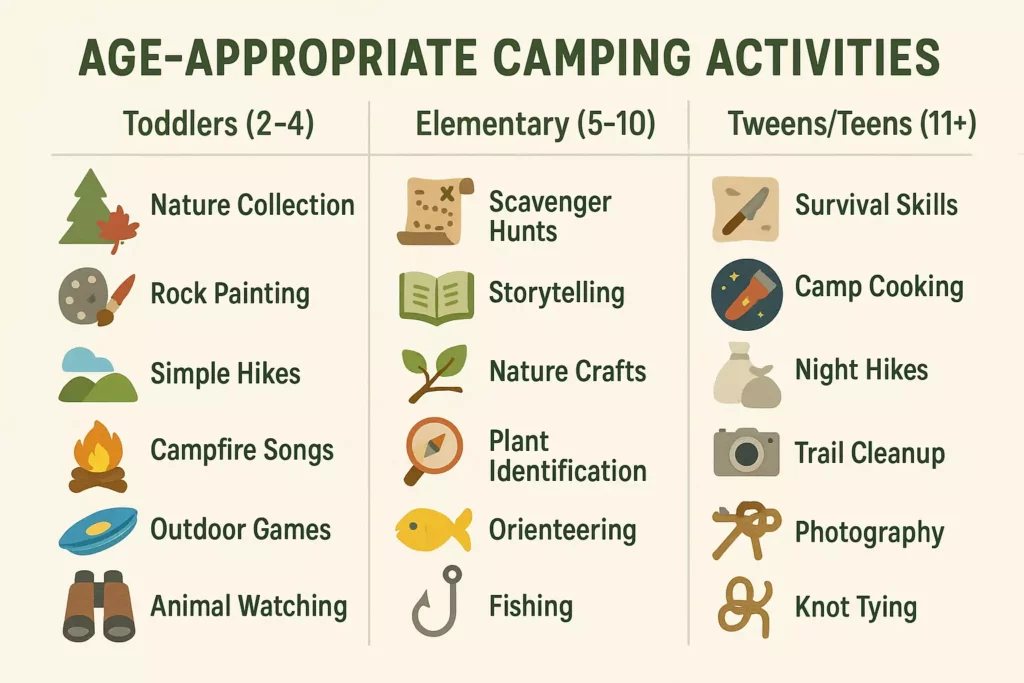 A chart with age-appropriate camping activities for toddlers, elementary kids, and tweens/teens, with icons.