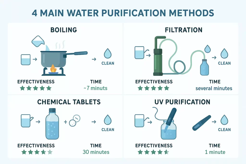Infographic showing four water purification methods: boiling, filtration, chemical tablets, and UV purification.