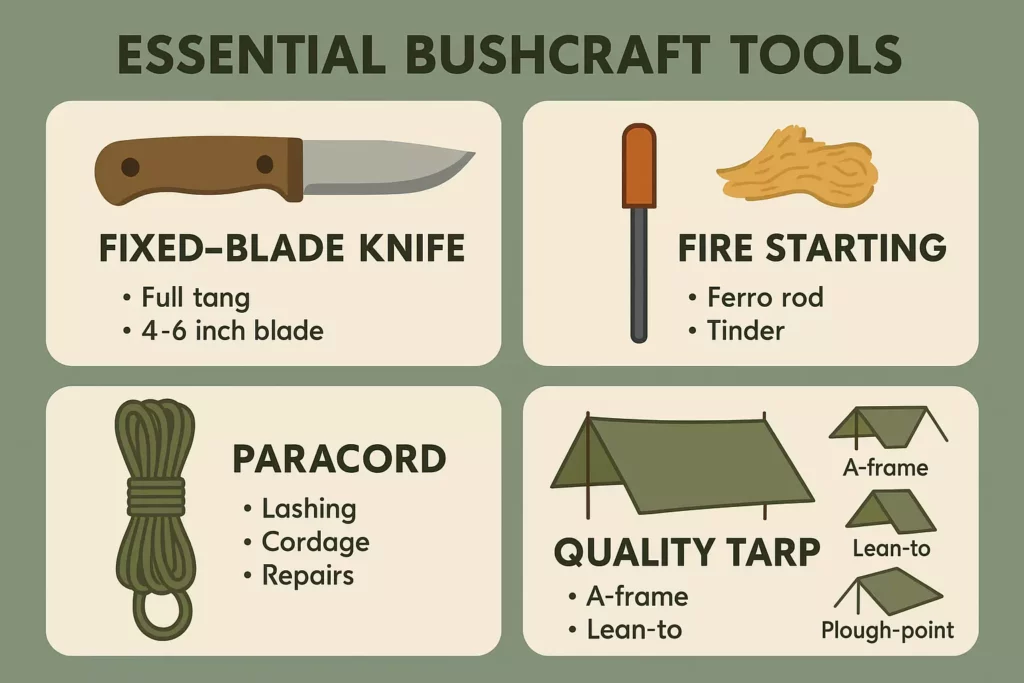Infographic showing essential bushcraft tools: knife, fire starter, paracord, and tarp with brief uses.