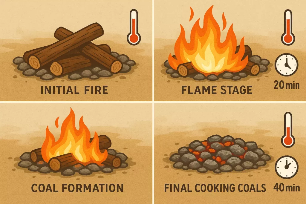 Four stages of a campfire: initial fire, flame stage, coal formation, and final cooking coals with timers.