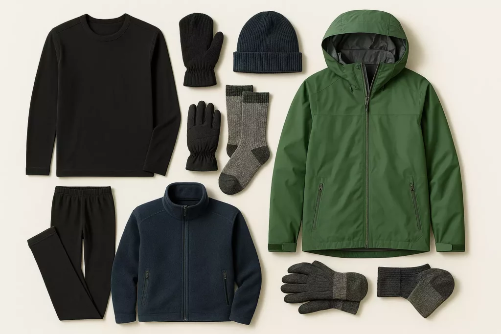 Winter clothing set with jacket, fleece, thermal top and pants, gloves, socks, mittens, and a knit hat.