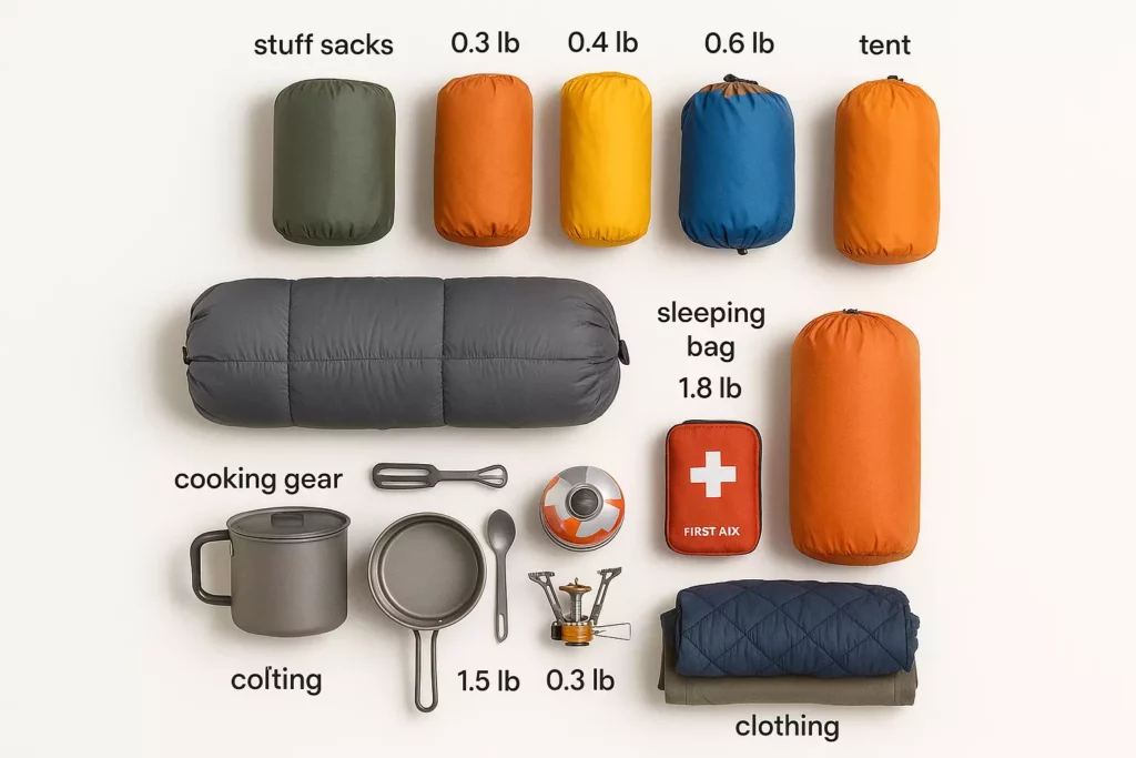 Camping gear neatly arranged: labeled sacks, tent, sleeping bag, cooking gear, first aid kit, and clothing.