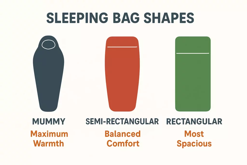 Diagram of three sleeping bag shapes: mummy (maximum warmth), semi-rectangular (balanced comfort), rectangular (most spacious).