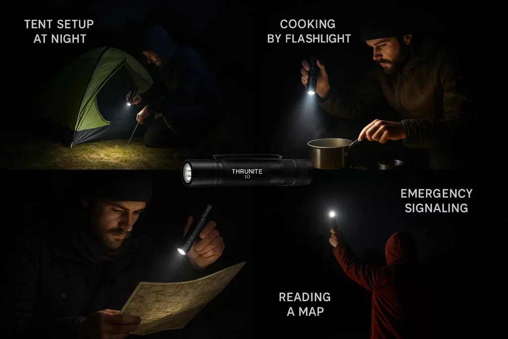A flashlight is used at night for camping: setting up a tent, cooking, reading a map, and emergency signaling.