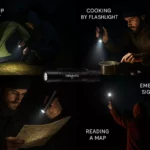 A flashlight is used at night for camping: setting up a tent, cooking, reading a map, and emergency signaling.