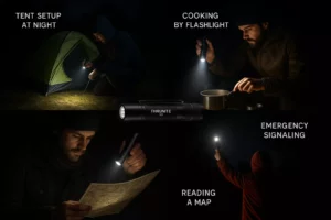 A flashlight is used at night for camping: setting up a tent, cooking, reading a map, and emergency signaling.