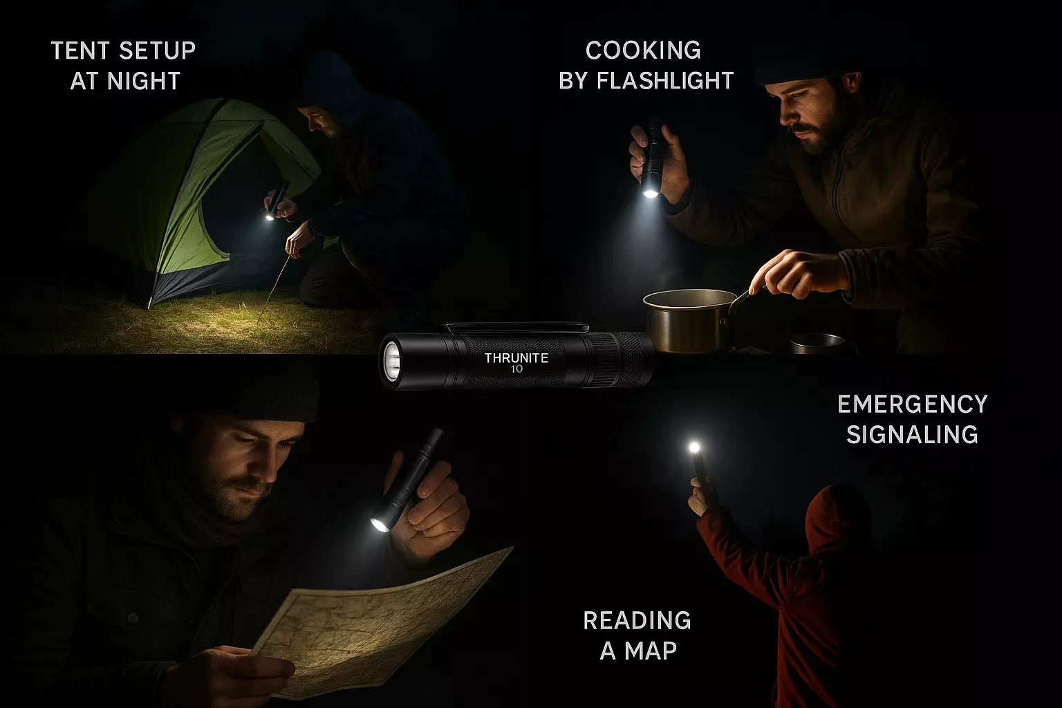 A flashlight is used at night for camping: setting up a tent, cooking, reading a map, and emergency signaling.