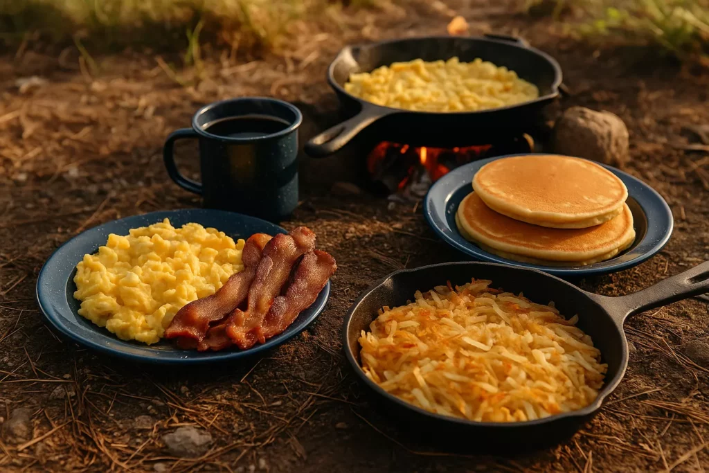Campfire breakfast with scrambled eggs, bacon, hash browns, pancakes, and coffee on the ground outdoors.