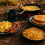 Campfire breakfast with scrambled eggs, bacon, hash browns, pancakes, and coffee on the ground outdoors.