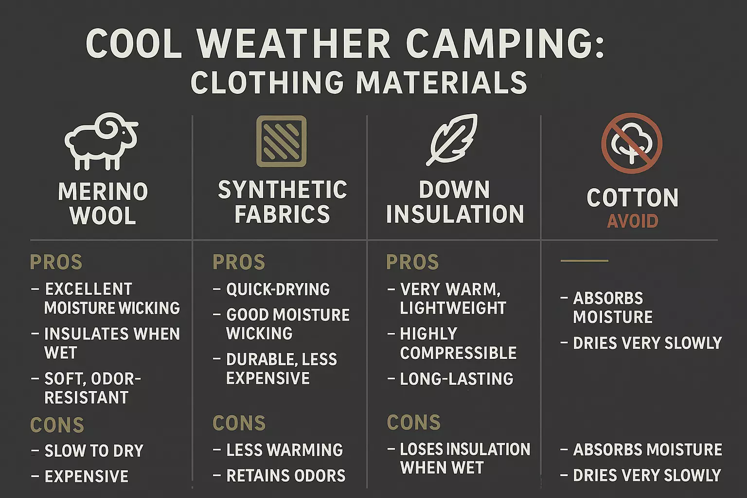 Infographic comparing pros and cons of merino wool, synthetic, down, and cotton for cool weather camping.