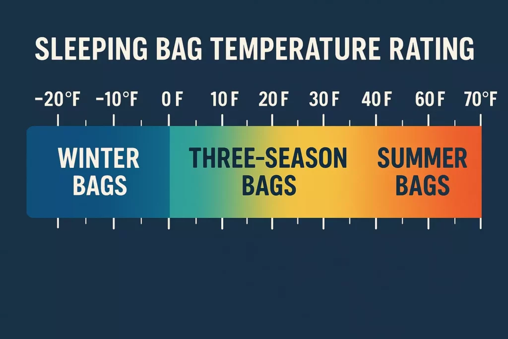 Chart showing sleeping bag ratings: winter (-20°F to 0°F), three-season (0°F to 30°F), summer (30°F to 70°F).