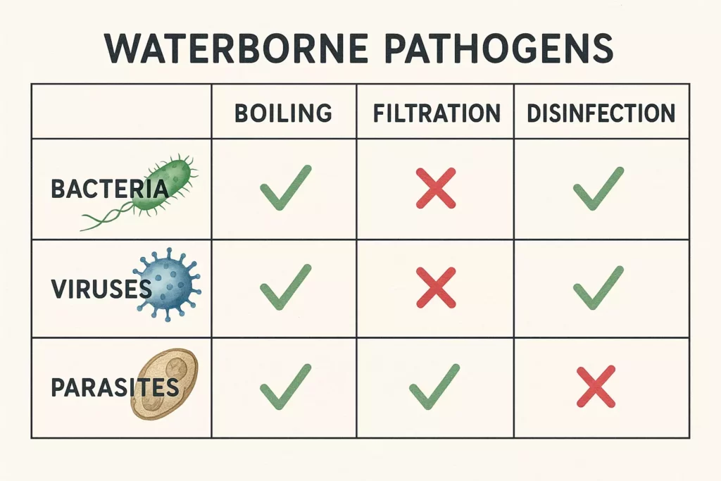 Chart showing which water treatments remove bacteria, viruses, and parasites by boiling, filtration, and disinfection.