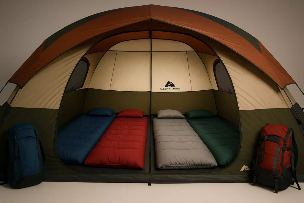 A large tent with four sleeping bags, pillows, and two backpacks set up inside.