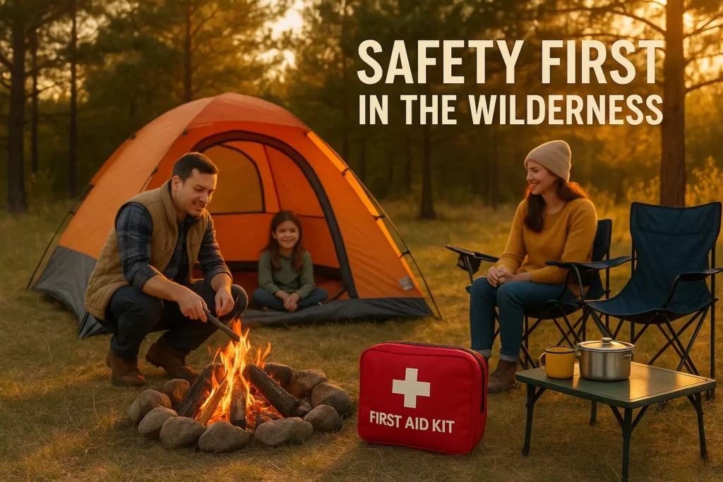 Family camping by a fire with a first aid kit, tent, and safety sign in the wilderness at sunset.